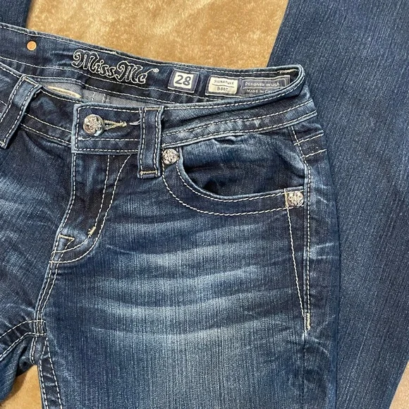 Miss Me Dark Blue Boot Cut Jeans with Embellished Pockets Size 28 - Picture 5 of 13
